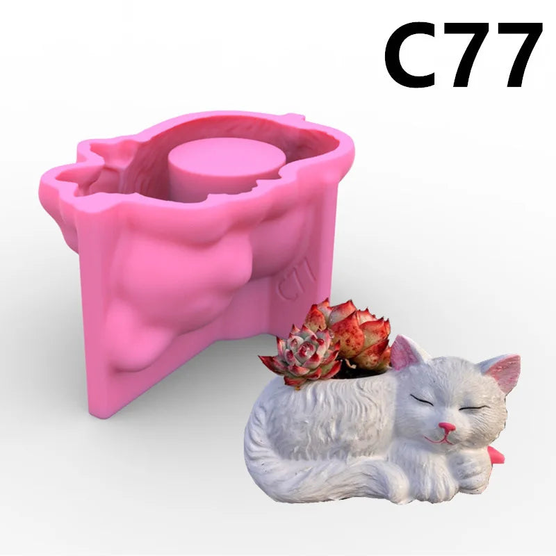 Obbty Cute Kitten Fleshy Plant Flower Pot Silicone Mold Cat Succulent Plant Flowerpot Concrete Silica Gel Mold Home Decor Gypsum Mould