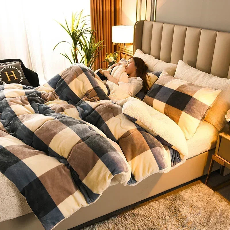 Obbty Plaid Super Thick Warm Blankets for Winter Autumn Milk Fleece Thicken Warmth Sleeping Blanket Soft Fluffy Comforter Quilt Duvet