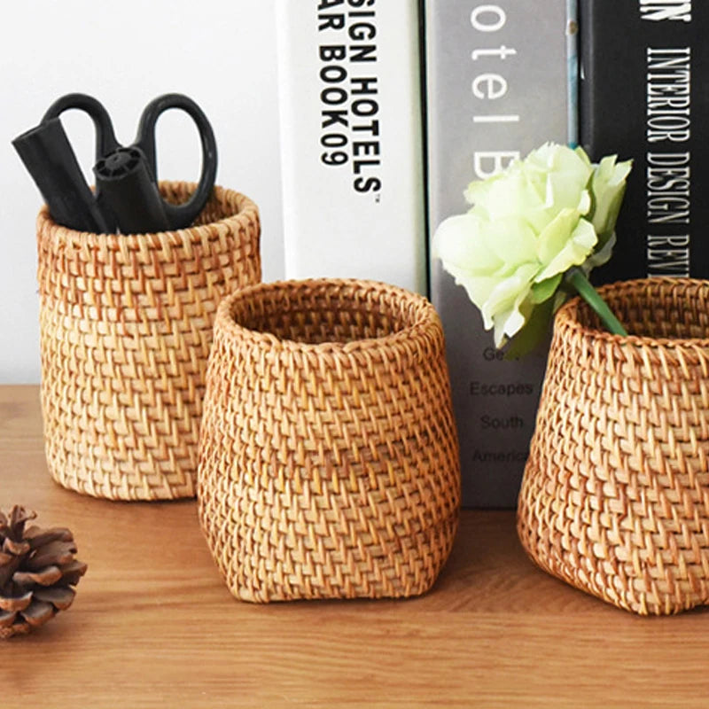 Obbty Handmade Pen Holder Woven Wood Vine Rattan Stationery Container Storage Box Organizer Students Gifts Office School Desk Supplies