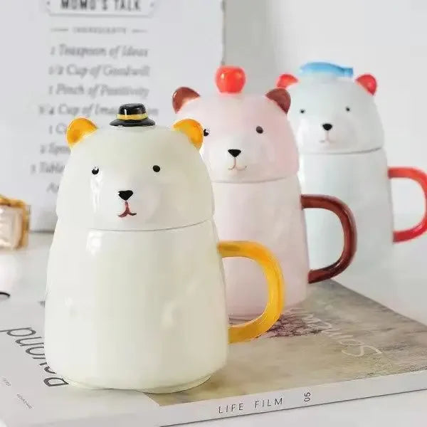 Obbty Cute Cartoon Ceramic Mug High-valued Spoon with Lid Student Couple Water Cup Breakfast Coffee Milk Cup Drinkware