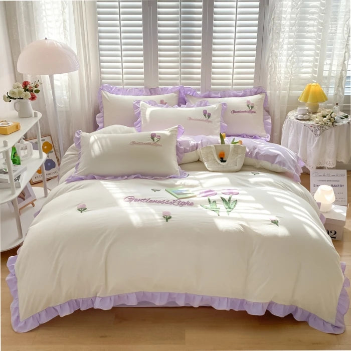 Obbty Floral Cartoon Rabbit Bedding Set Embroidery Duvet Cover Queen Twin Full Size Kawaii Comforter Covers with Pillowcases for Girls