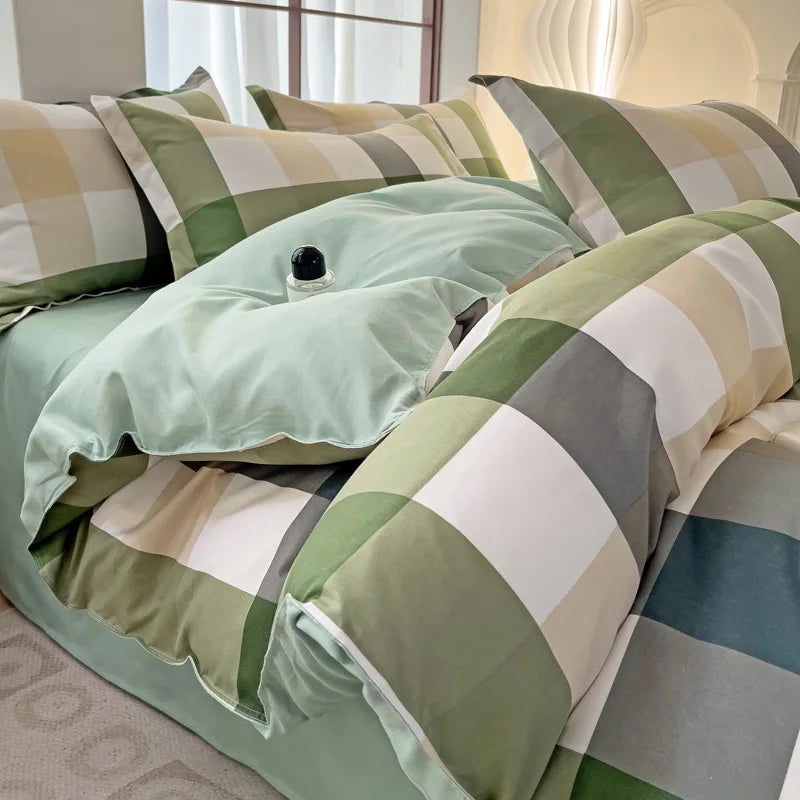 Obbty Simple Color Plaid Duvet Cover Set Breathable Skin Friendly Zipper Quilt Cover Japanese Style Home Bedding Set Machine Washable