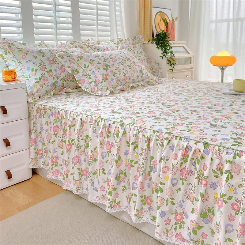 Obbty 1pc 100%Cotton Bed Skirt Queen/King Size Floral Printed  Sheet with Ruffles falda de cama Full Size  Skirt for Single