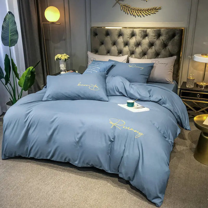 Obbty High End Skin Friendly Bedding Set Queen Luxury Embroidery Duvet Cover Set with Flat Sheet Simple Durable King Size Bedding Sets