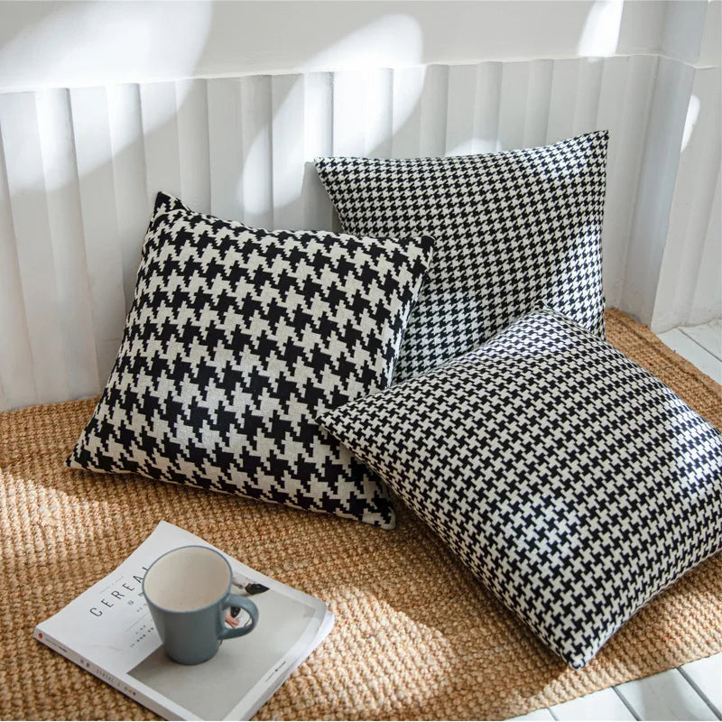 Obbty Cotton Houndstooth Knitting Cushion Covers 45x45cm Black and White Pillow Case for Living Room Decoration Sofa Pillow Cover