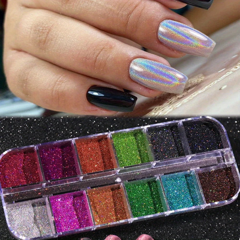 Obbty Powder Set Holo Silver Rub Dust Black Pink Chrome Nail Glitter Powder Laser Pigment For Nail DIY Manicure