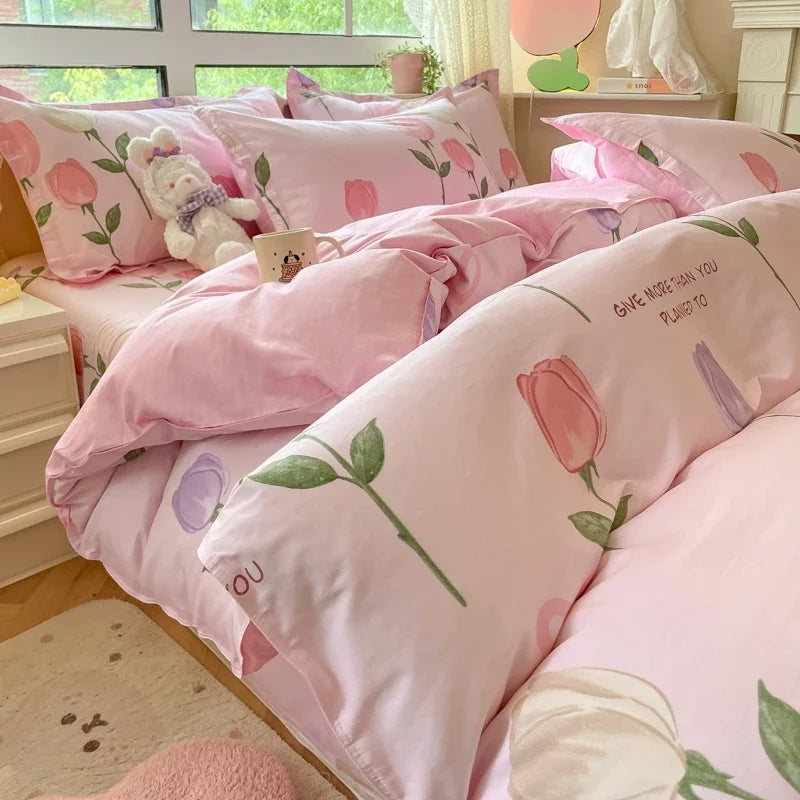 Obbty Garden Floral Cotton Comforter Covers Red White Floral Duvet Covers Set Botanical Cute Bear Print Bedding for Kids Teens Adults