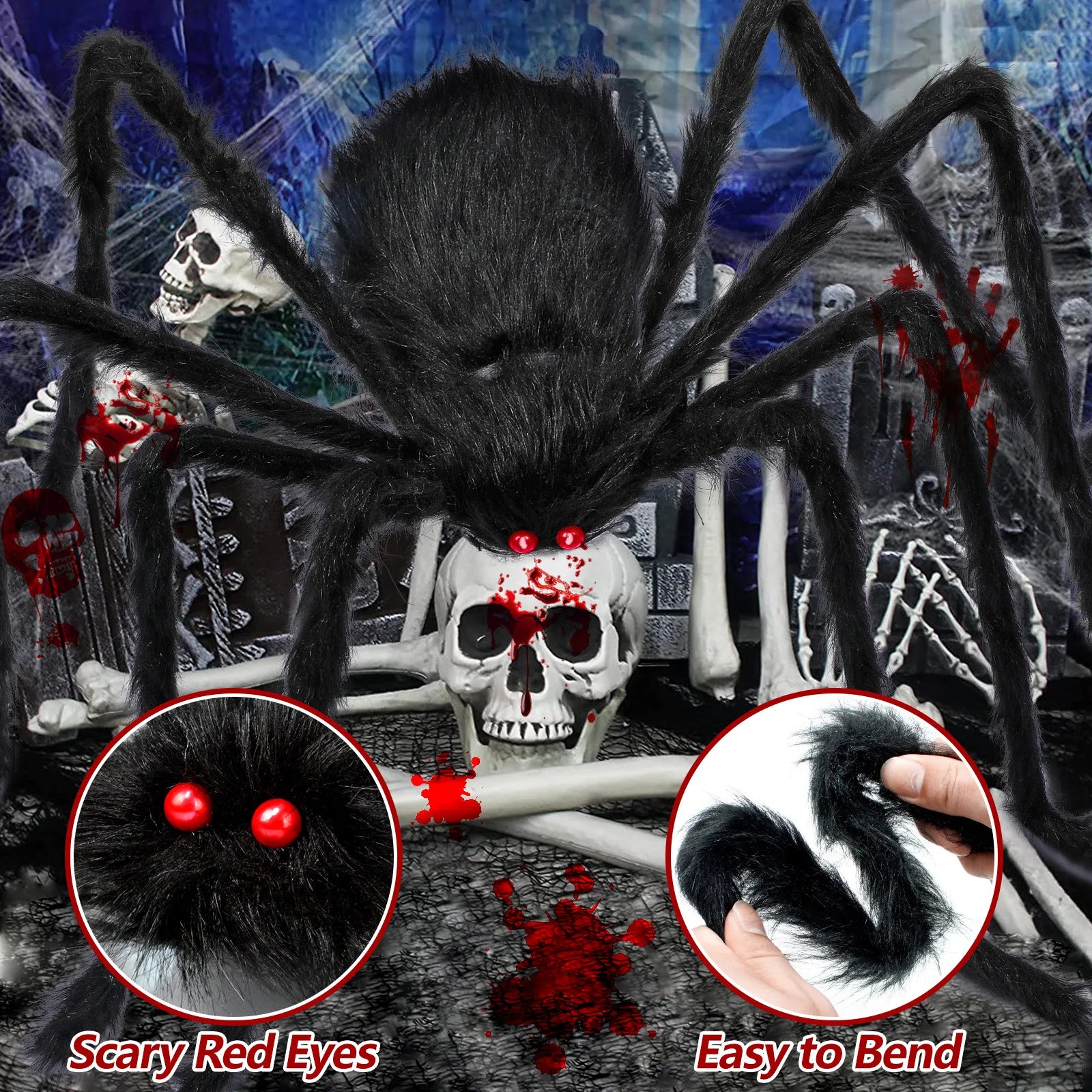 Obbty 30-200cm Halloween Big Plush Spider Halloween Decoration Horror Giant Black Spider Outdoor Halloween Props Simulated Spider toys