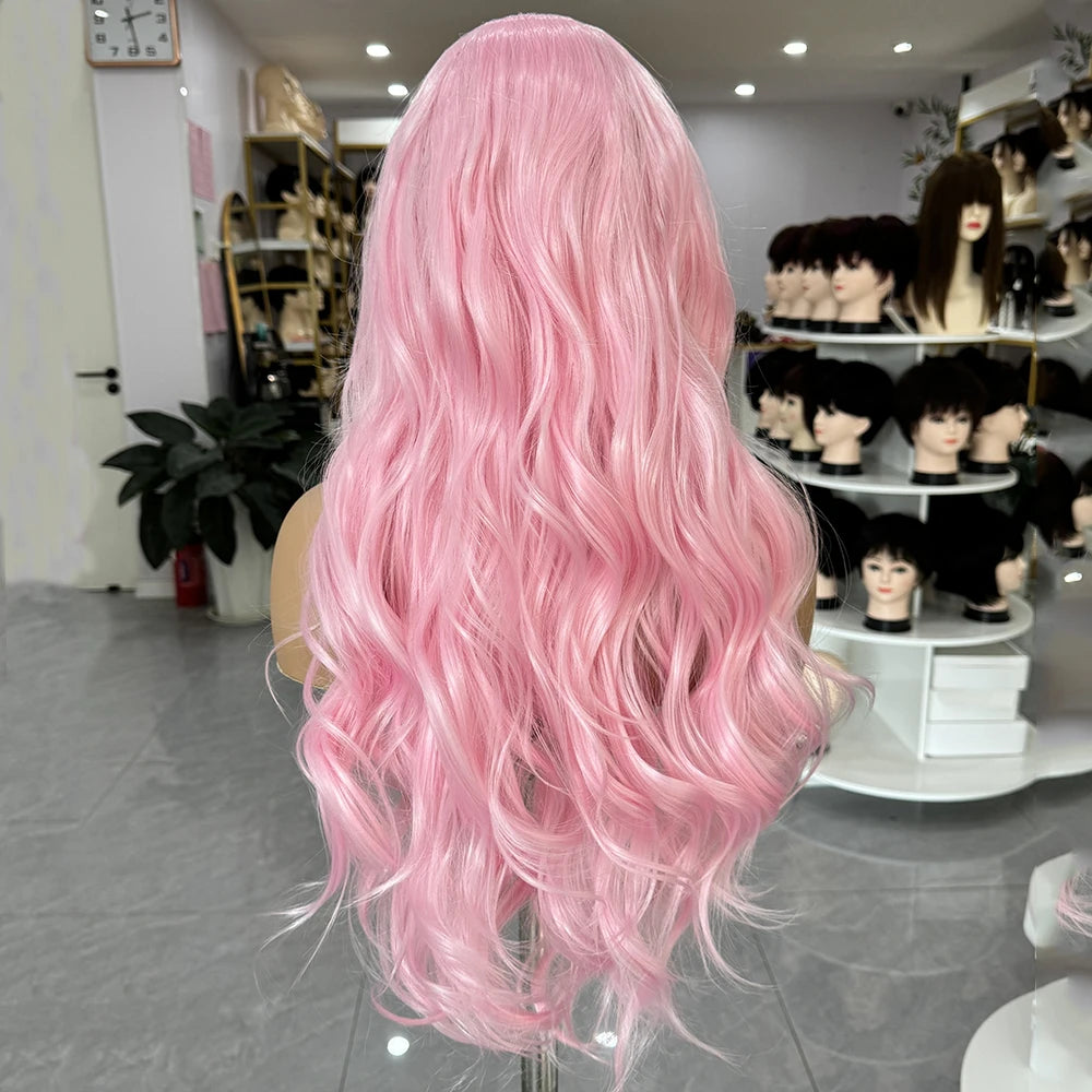 Obbty Light Pink Wave Lace Hair Synthetic Frontal Lace Wig for Women Long Body Wave Pastel Pink Lace Wig Color Hair Cosplay Daily Wear