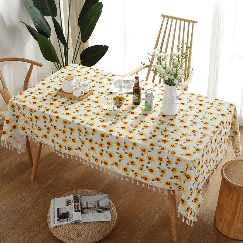 Obbty Sunflower Flower Tablecloth Cotton and Linen Tassel Rectangular Tablecloth Waterproof and Oil-proof Table Cloth Home Decoration