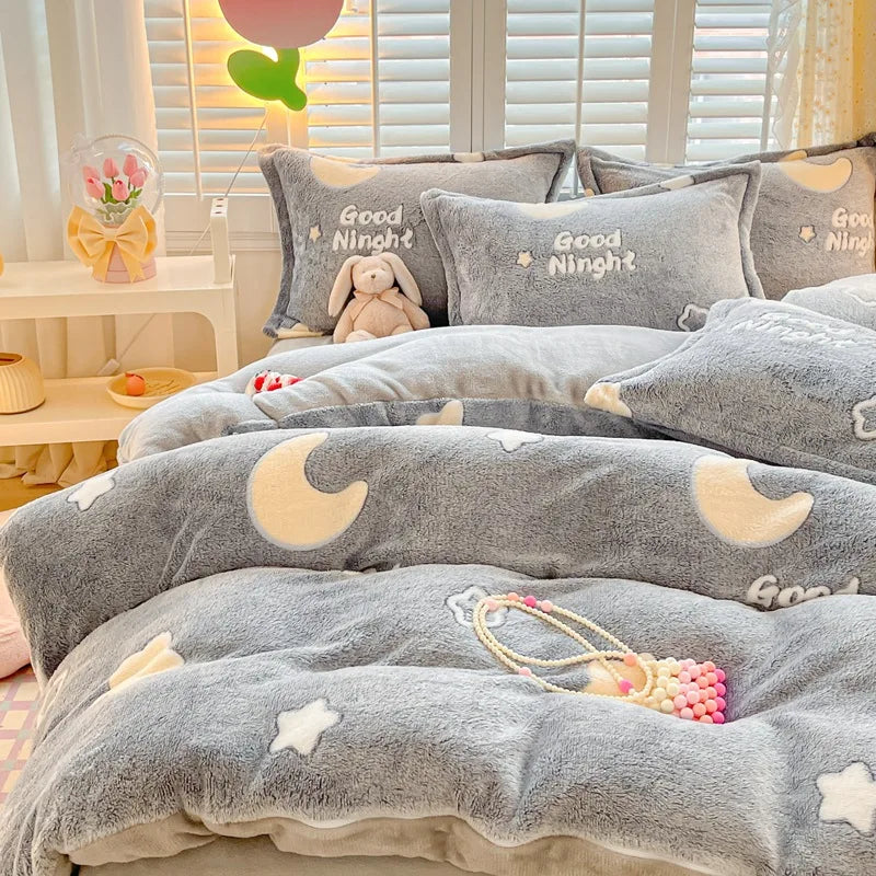 Obbty Winter Thick Warm Plush Comforter Cover Queen Bedding Sets Cartoon Quilt Cover Bed Sheet Pillowcase 4pcs Luxury Bed Linens