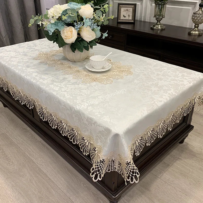 Obbty Rectangle Tablecloth Luxury Embroidery Lace Table Cover Flower Elegant Hollow Out Table Cloth Towels Dining table decoration