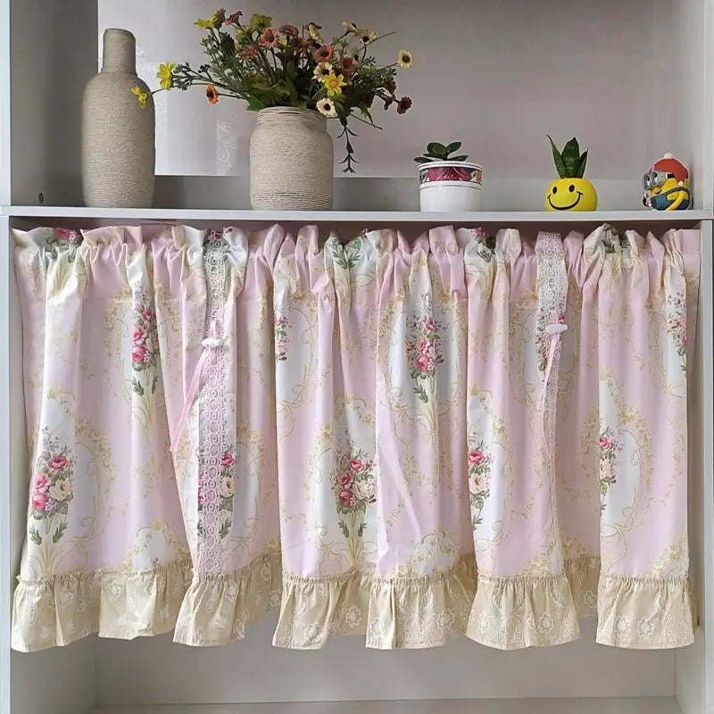 Obbty Wave Pink Embroidered Flowers Window Valance Living Room Elegant Lace Curtain Valance Lace Tape Short Curtains Kitchen