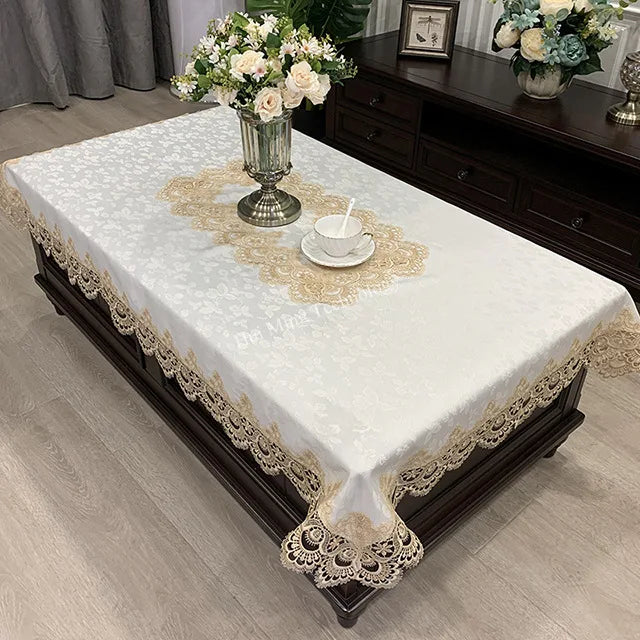 Obbty Rectangle Tablecloth Luxury Embroidery Lace Table Cover Flower Elegant Hollow Out Table Cloth Towels Dining table decoration