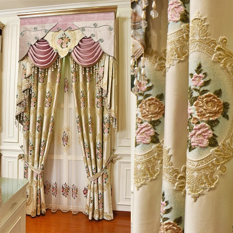 Obbty European Royal Luxury Thickened Beige Full Blackout Bedroom Curtains Pink 3D Jacquard Living Room Study Valance Curtains