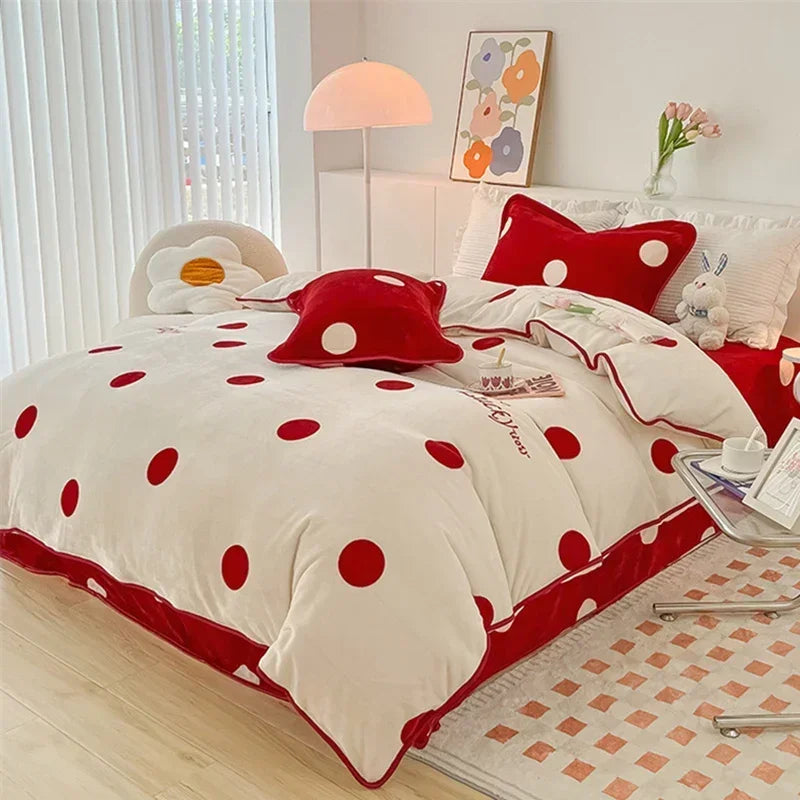 Obbty High Quality Polka Dot Print Winter Bedding Set Queen Milk Velvet Duvet Cover Set with Sheets Quilt Cover Pillowcases Bed Sets