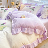 Obbty Floral Cartoon Rabbit Bedding Set Embroidery Duvet Cover Queen Twin Full Size Kawaii Comforter Covers with Pillowcases for Girls