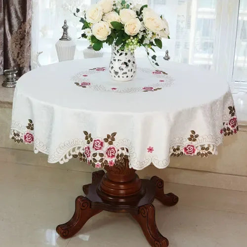 Obbty New Lace Tablecloth Pastoral Round Tablecloth Dining Table Cloths Home Embroidery Table Cover Rose Gold Decoration House Towel