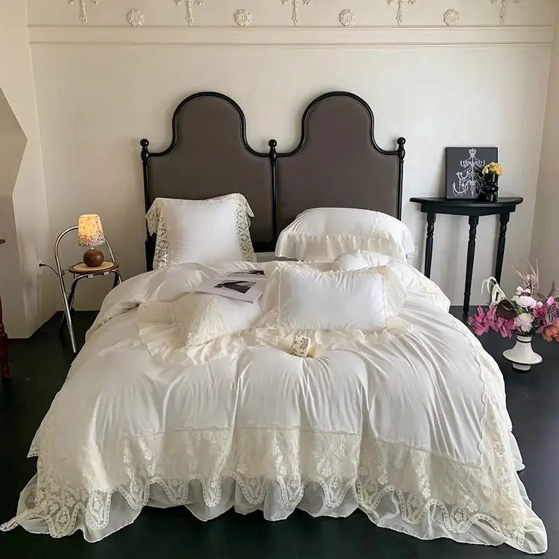 Obbty Ruffle Chiffon Lace Duvet Cover Set  2Pcs Pillowcases Sweet Cute Princess Style Bedding set Ultra Soft and Light Weight