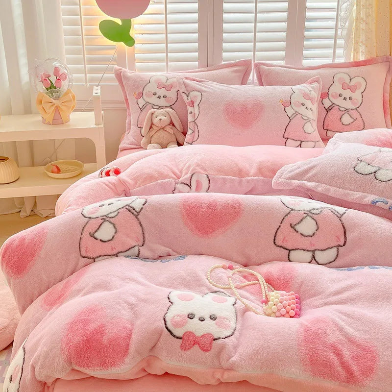 Obbty Winter Thick Warm Plush Comforter Cover Queen Bedding Sets Cartoon Quilt Cover Bed Sheet Pillowcase 4pcs Luxury Bed Linens