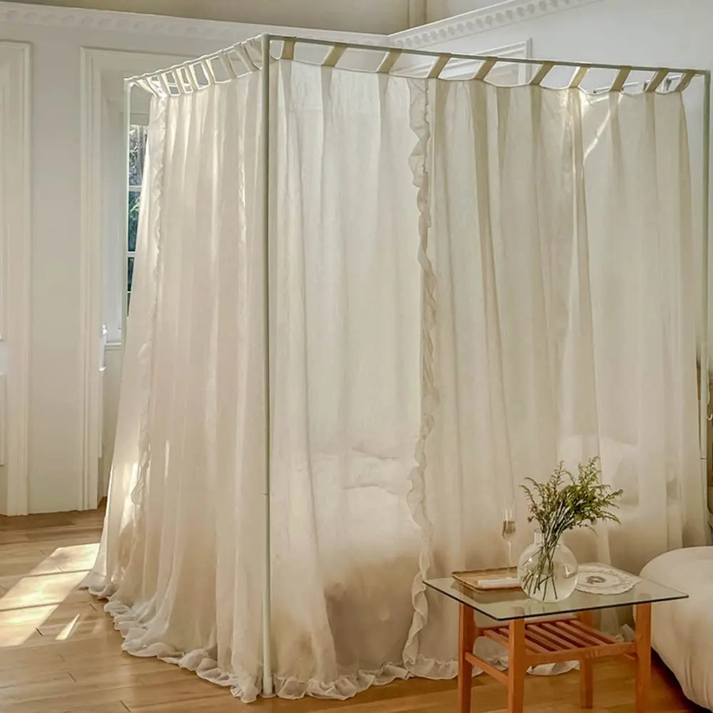 Obbty Pastoral Linen Canopy Bed Curtains with Ruffles, Large Elegant Bed Canopy Curtains Sheer Curtains with Racks Full Set