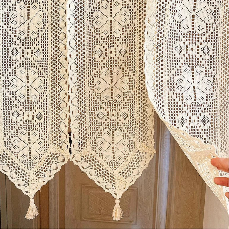 Obbty American Country Crochet Hollow Door Curtains for Kitchen Door Manual Tassel Combined Curtains Family Decorate Partition