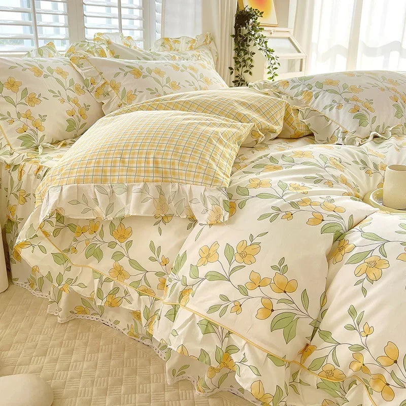 Obbty Lace Duvet Cover Single Style Floral Bedding Set Cotton Comforter Green Double Korean Quilt Cover Ruffle Flower