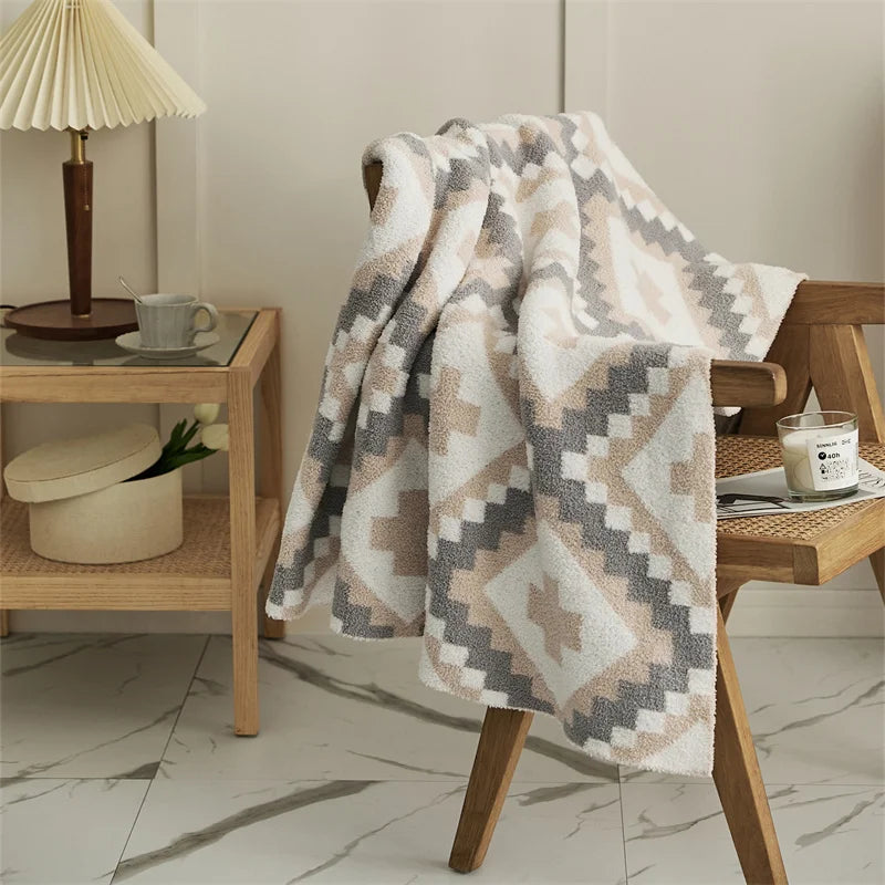 Obbty Blankets for Sofa Bed Decoration Nordic Style Half Velvet Geometric Knitted Thread Blanket Nap Cover Blanket 130x160cm