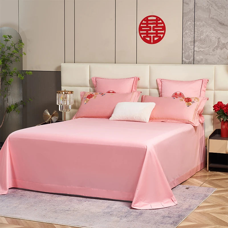 Obbty Pink Red Luxury Chinese Wedding Embroidery 4Pcs Bedding Set 800TC Egyptian Cotton Zippered Duvet Cover Set Bed Sheet Pillowcases