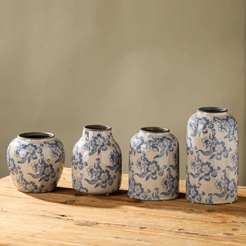 Obbty Blue and White Porcelain Vases Flower Arrangements Living Room Decorations Chinese Style Ceramic Home Decoration Retro Porcelain