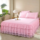 Obbty Princess Lace Ruffled Bed Skirt 3 Layers Mattress Cover Solid Color Bed Cover with Non-slip Bedspread Girls Couple Bedsheets