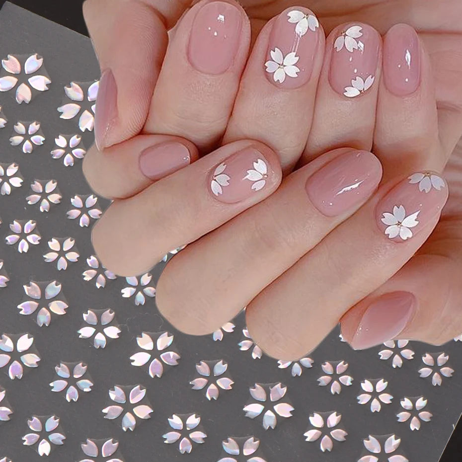 Obbty 3D Laser Sakura Flower Nail Sticker Holographic Foils Decals Snake Adhesive Sliders Cherry Blossom Manicure Nail Art Decorations