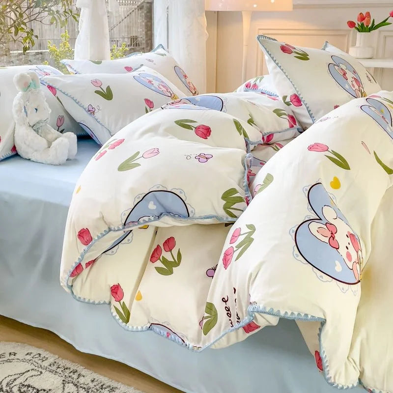 Obbty Pastoral Girls Flower Bedding Sets, Washed Cotton Bed Linens, Soft Quilt Cover Sheet Set, Simple Bedspread, Home Textiles