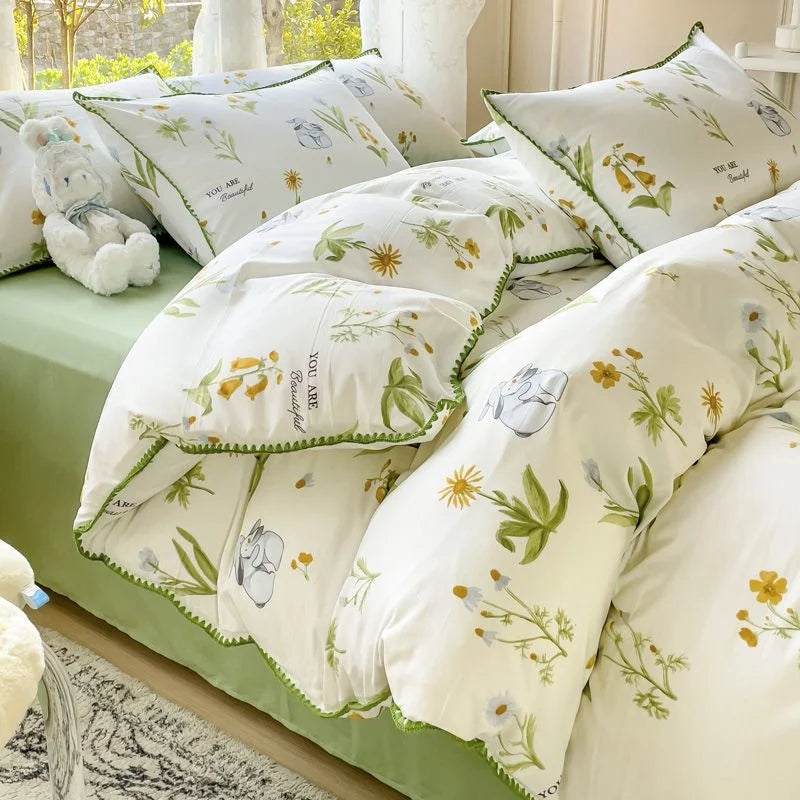 Obbty Pastoral Girls Flower Bedding Sets, Washed Cotton Bed Linens, Soft Quilt Cover Sheet Set, Simple Bedspread, Home Textiles