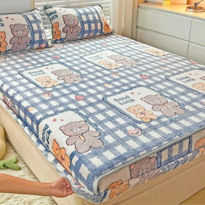 Obbty Winter Thicken Warm Coral Velvet Bed Sheet Sets Cartoon Double Bedspread Non-slip Mattress Cover Fitted Sheet with 2 Pillowcases