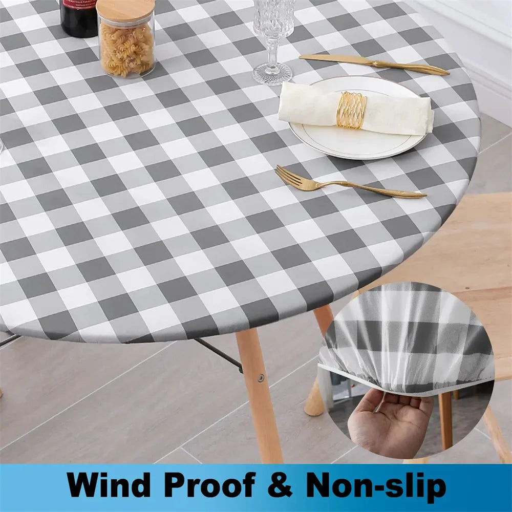 Obbty Round Table Cloth Elastic Waterproof Table Cover Fitted Vinyl Tablecloth For Home Decoration Party Camping Table Cloth