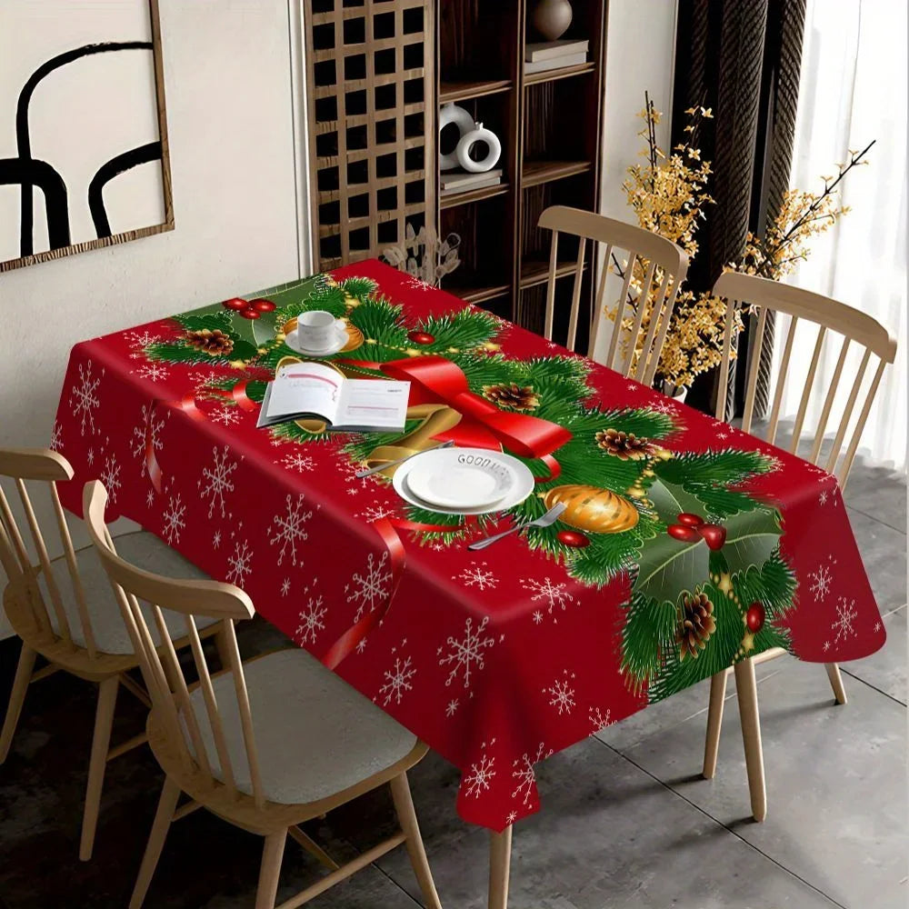 Obbty Christmas Festive Bells and Holly Rectangle Tablecloth Holiday Party Decor Waterproof Tablecloth for Table Christmas Decorations