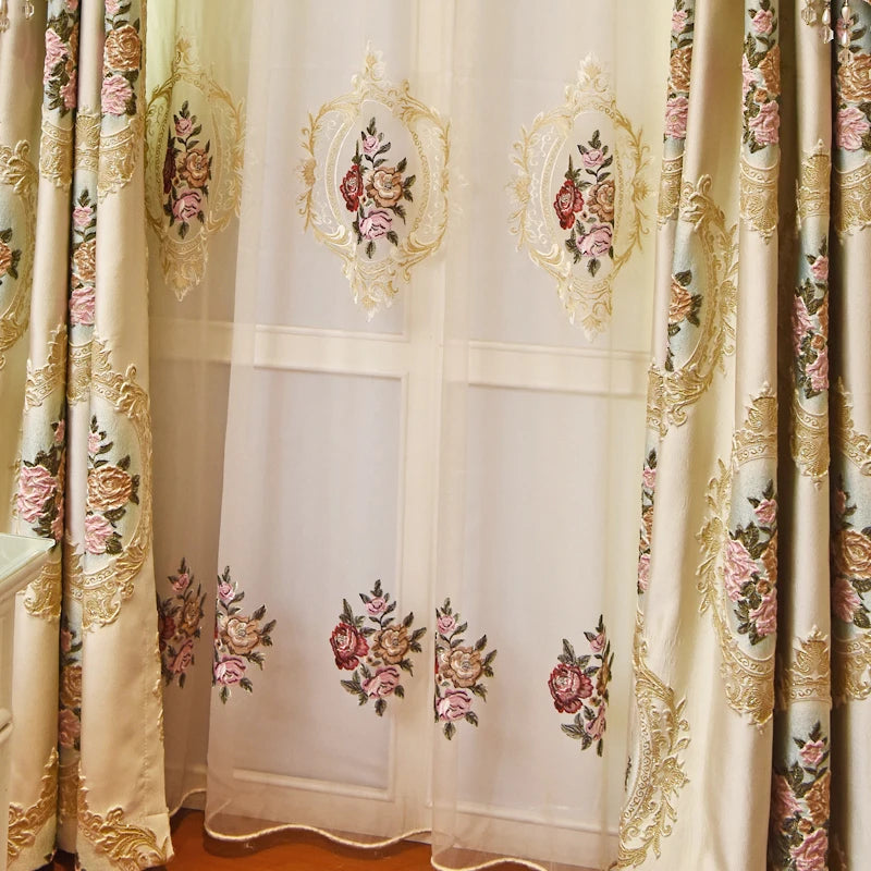 Obbty European Royal Luxury Thickened Beige Full Blackout Bedroom Curtains Pink 3D Jacquard Living Room Study Valance Curtains