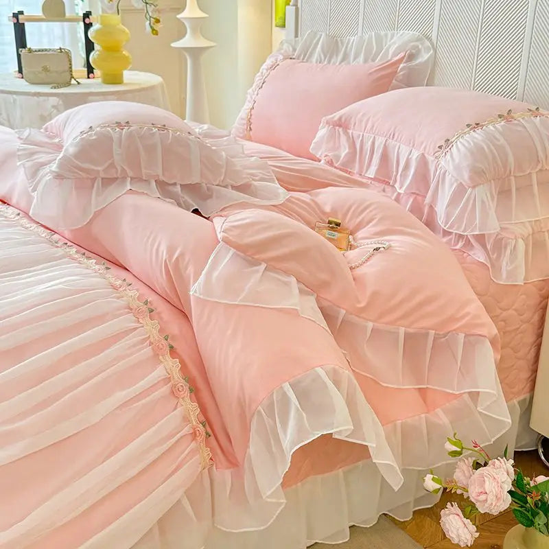 Obbty Light Luxury French Four-piece Bedding Set Washed Cotton High-grade Fairy Bed Cover Bed Solid Color Bed Sheet Quilt Cover