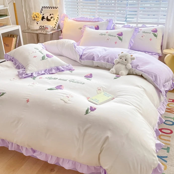 Obbty Floral Cartoon Rabbit Bedding Set Embroidery Duvet Cover Queen Twin Full Size Kawaii Comforter Covers with Pillowcases for Girls