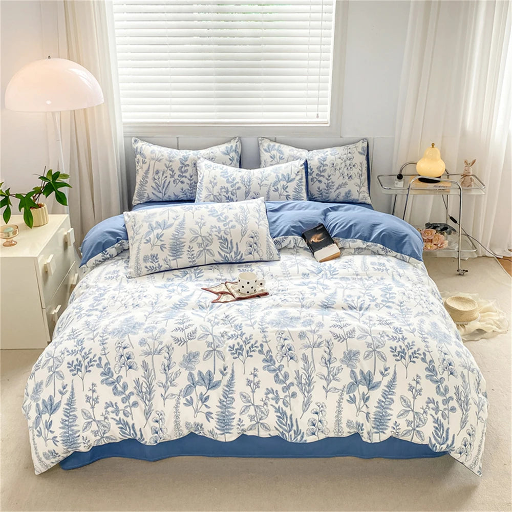 Obbty Plant and Flower Home Textiles Pillowcase Comfortable Duvet Cover Blue Floral Four-piece Bedding Set Kids Adults Washed Cotton