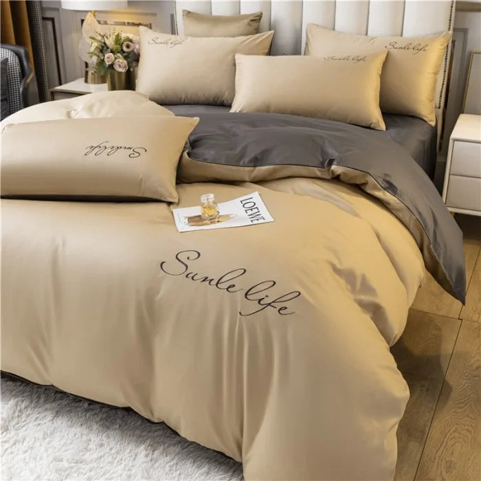 Obbty High End Skin Friendly Bedding Set Queen Luxury Embroidery Duvet Cover Set with Flat Sheet Simple Durable King Size Bedding Sets