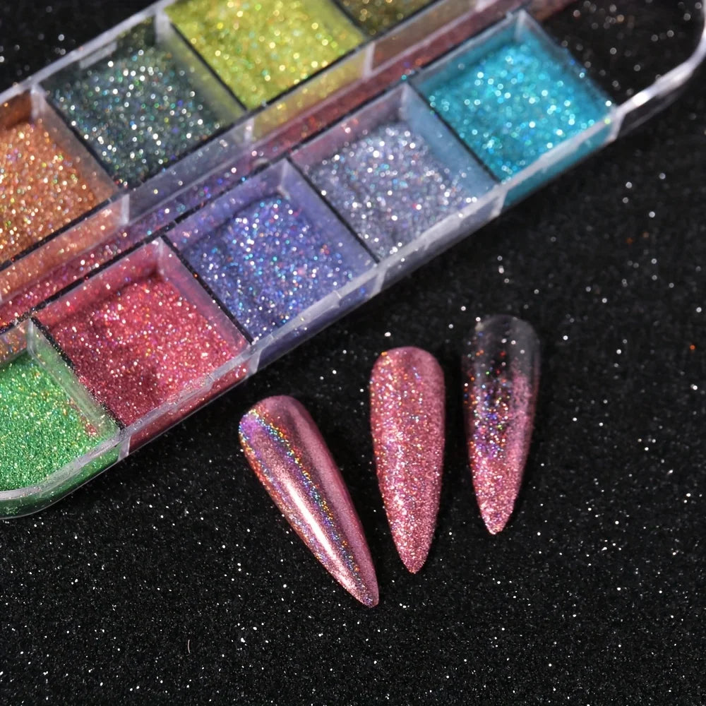 Obbty Powder Set Holo Silver Rub Dust Black Pink Chrome Nail Glitter Powder Laser Pigment For Nail DIY Manicure