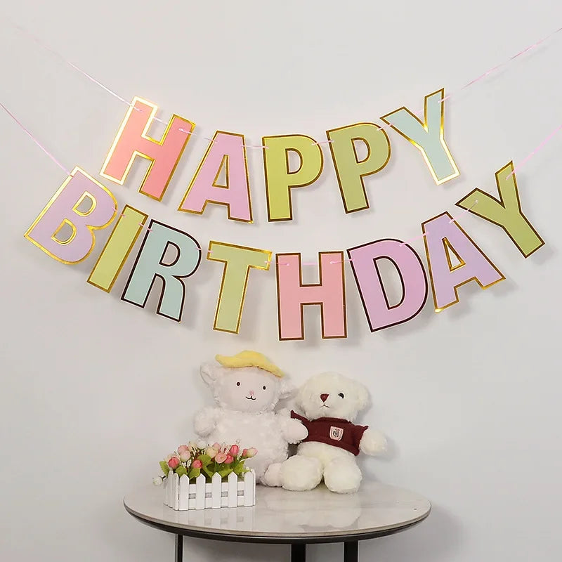 Obbty Happy Birthday Party Decoration Banner White Flower Garland Flag Birthday Party Decor Decorated Scene Bunting Supplies