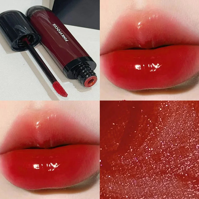 Obbty Red Brown Mirror Lip Glaze Water Light Moisturizing Non-stick Cup Highly Pigmented Red Liquid Lipstick Lip Tint Makeup Cosmetics