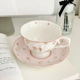 Obbty French Pink Rabbit Print Vintage Coffee Cup and Saucer Set Ceramic Cup Cute Girls' Afternoon Tea Dim & Saucer