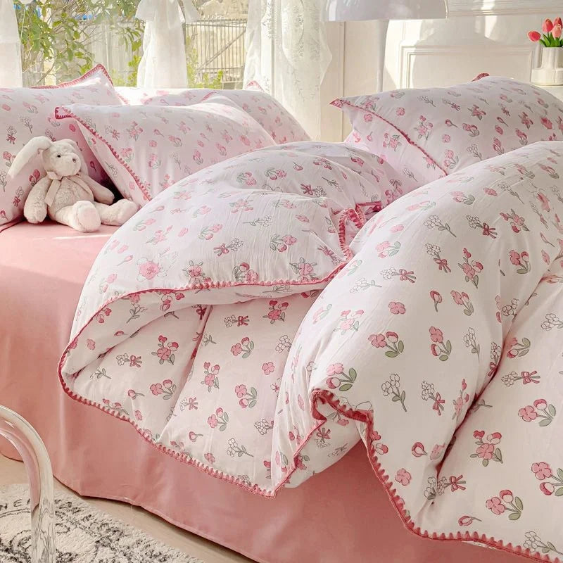 Obbty Pastoral Girls Flower Bedding Sets, Washed Cotton Bed Linens, Soft Quilt Cover Sheet Set, Simple Bedspread, Home Textiles