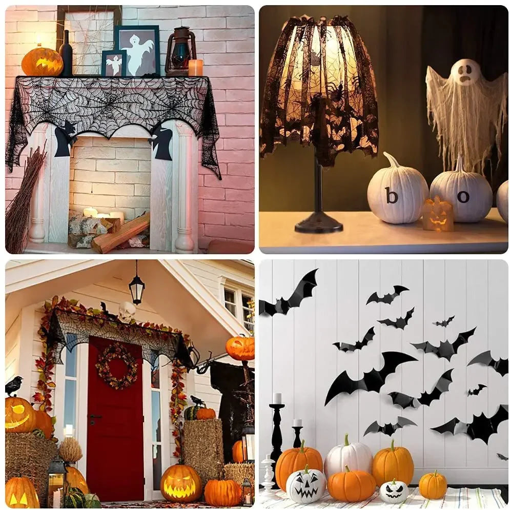 Obbty Halloween Lace Spider Web Tablecloths Black Skull Spider Web Fireplace Curtain Mantel Scarf Event Home Party Table Decorations