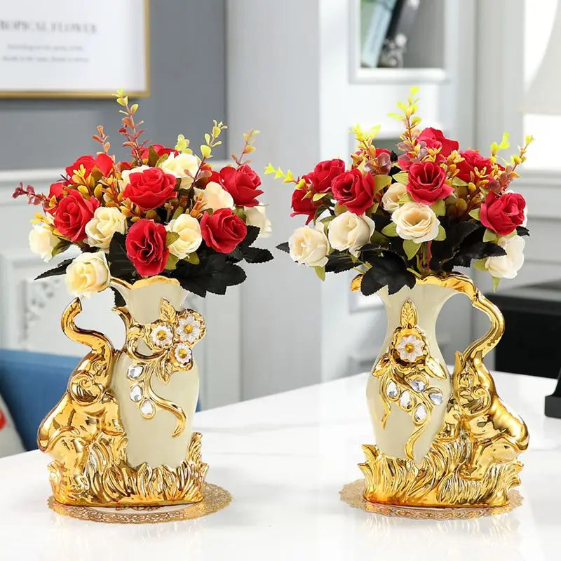 Obbty European style Ceramic Gold Vase Arrangement Dining Table Home Decoration Accessories Creative Golden Swan Vases