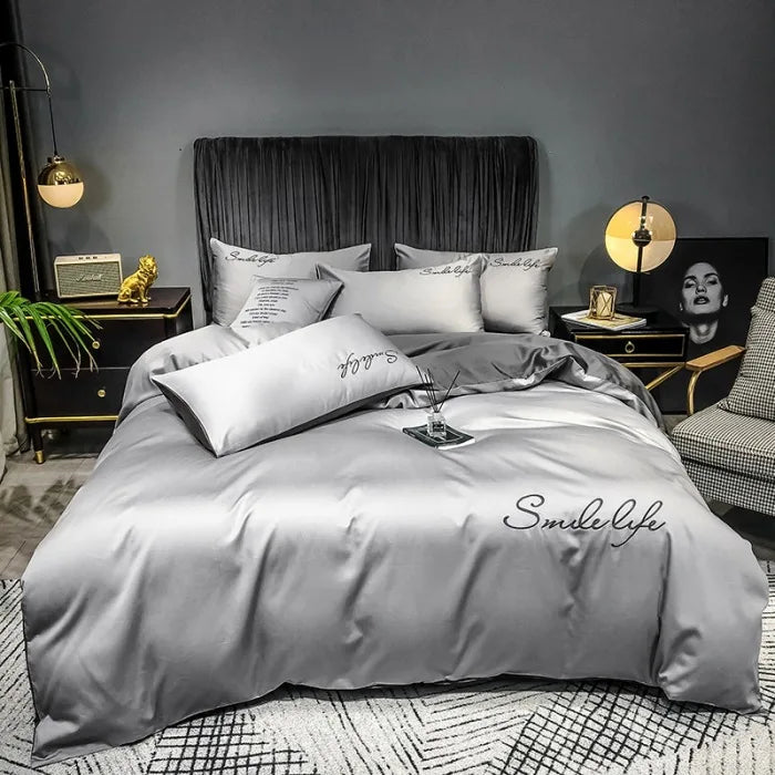 Obbty High End Skin Friendly Bedding Set Queen Luxury Embroidery Duvet Cover Set with Flat Sheet Simple Durable King Size Bedding Sets